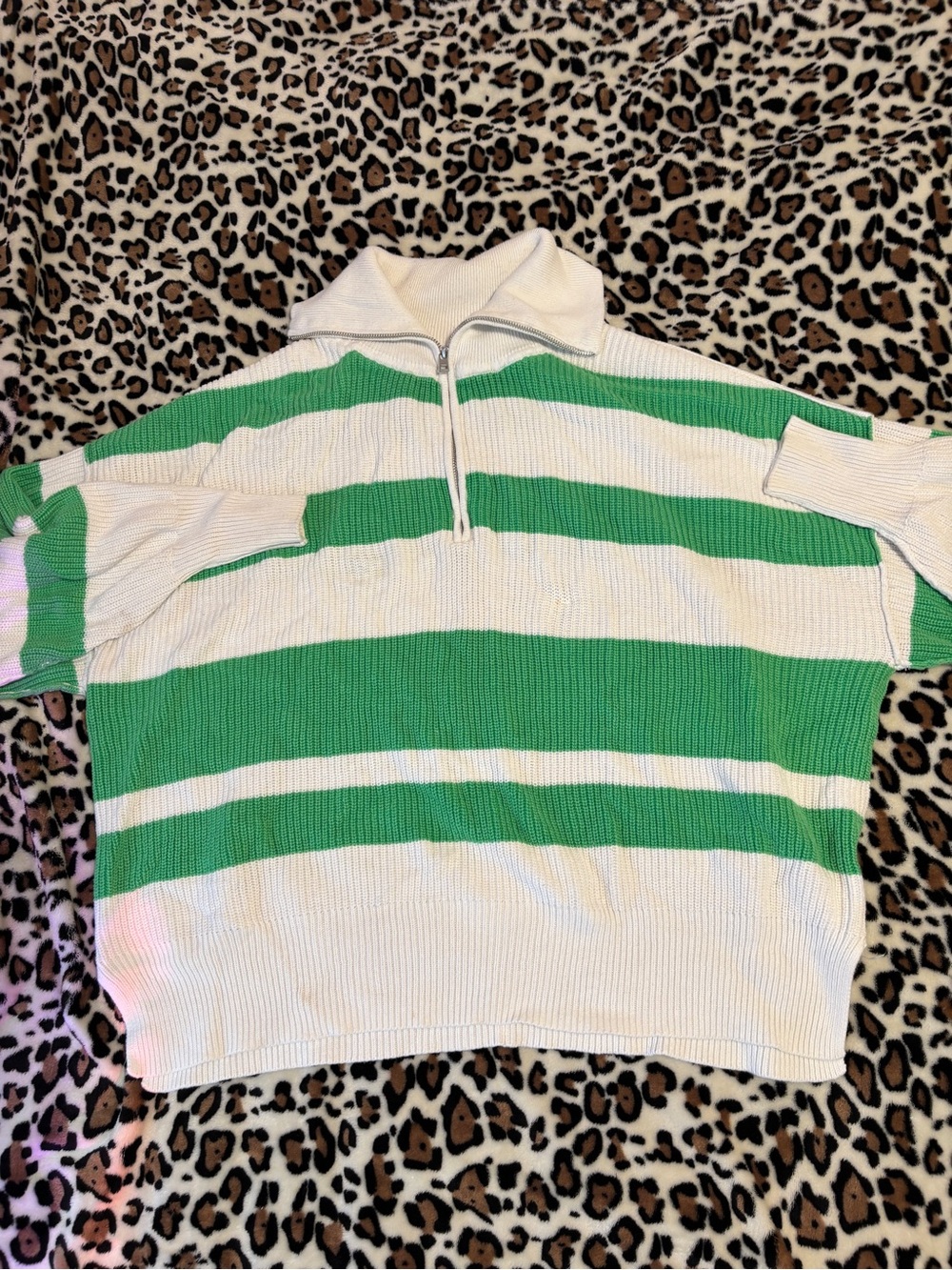 Aerie Green and White Striped Half-Zip Pullover